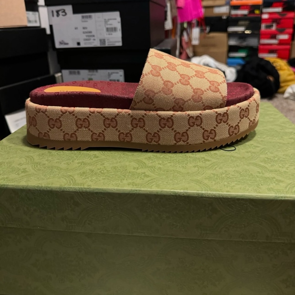 Gucci Beige Monogram Slide Sandals